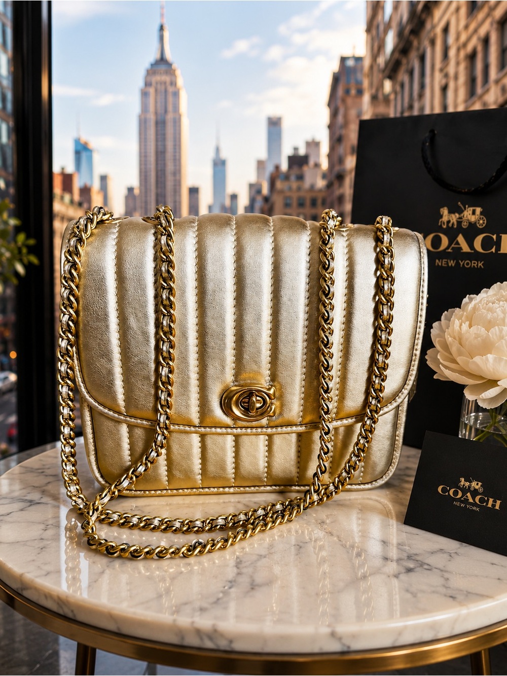 Coach Soft quilted leather Madison gold metallic bag w Chain Strap